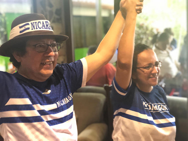 Nicaraguan journalists Miguel Mora, left, and Lucía Pineda in Managua, Nicaragua, after their release from prison on June 11, 2019. (CPJ)