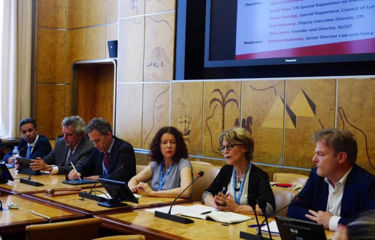A UN Human Rights Council side event on slain Saudi journalist Jamal Khashoggi in Geneva, Switzerland, on June 27, 2019. Panelists from left to right: Yahya Assiri, director of the U.K.-based Saudi human rights organization Al-Qst; CPJ Deputy Executive Director Robert Mahoney; David Kaye, the UN special rapporteur on the promotion and protection of the right to freedom of opinion and expression; Barbora Bukovská, Article 19's senior director for law and policy; Agnes Callamard, the UN special rapporteur on extrajudicial, summary or arbitrary executions; and Dutch MP Pieter Omtzigt who is also the Parliamentary Assembly of the Council of Europe's special rapporteur tasked with looking into the murder of Maltese journalist Daphne Caruana Galizia. (Right Livelihood Award)