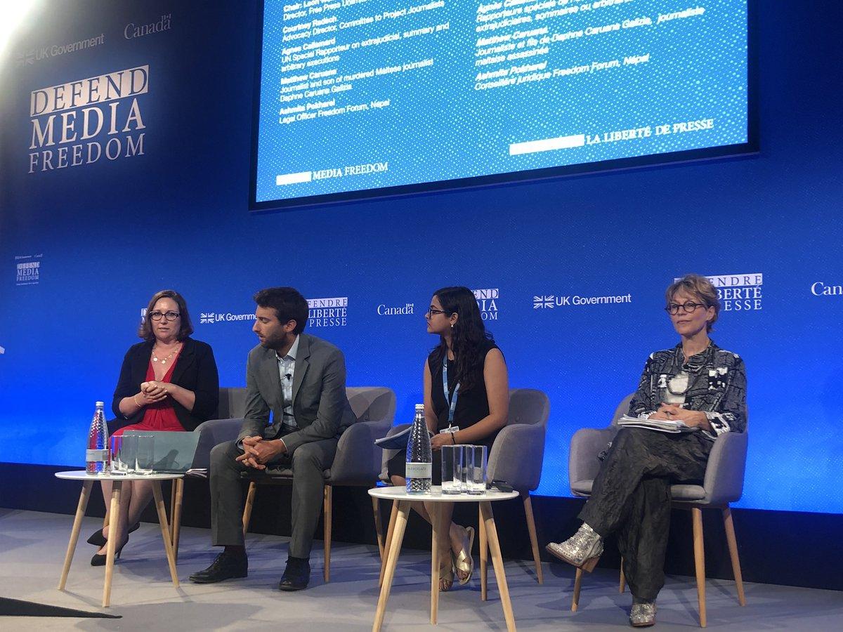 A panel discussion at the Global Conference for Media Freedom in London on July 10, 2019. Panelists from left to right: CPJ Advocacy Director Courtney Radsch; journalist Matthew Caruana Galizia; Ashmita Pokharel, legal officer of the Nepalese NGO Freedom Forum; and Agnes Callamard, U.N. special rapporteur on extrajudicial, summary and arbitrary executions. (Caoilfhionn Gallagher)