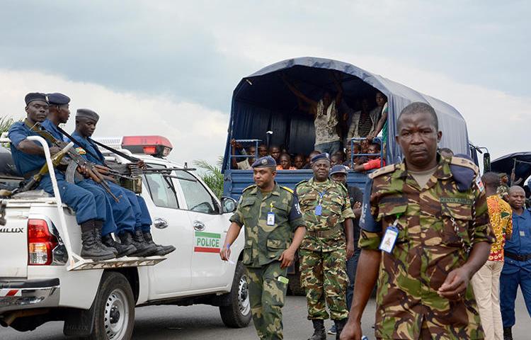Police are seen in Gatumba, Burundi, on January 31, 2017. The BBC recently shut its office in Burundi more than one year after its broadcasts had been banned. (AFP/Onesphore Nibigira)