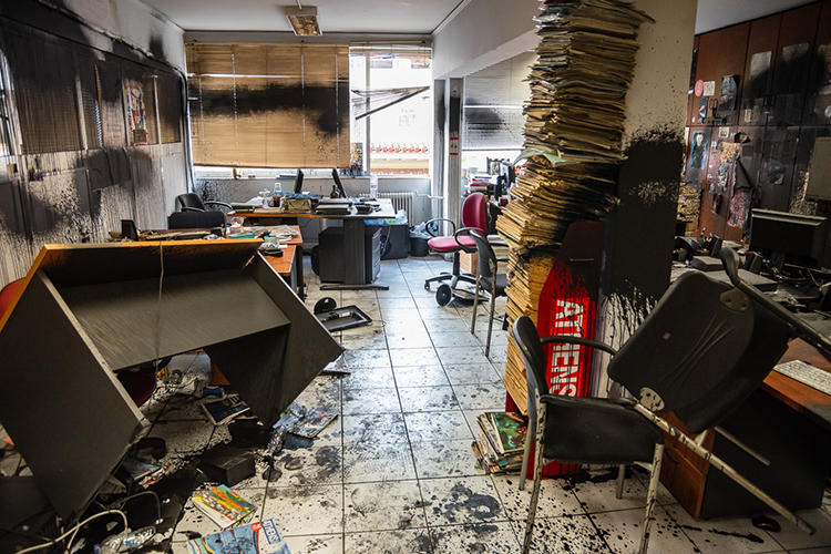 The Athens Voice offices are seen after being ransacked on July 4, 2019. Greek anarchist group Rouvikonas has claimed credit for the attack. (Image via Athens Voice)