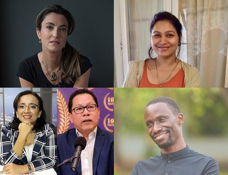 CPJ's 2019 International Press Freedom Award winners. Clockwise from top left: Patrícia Campos Mello (Marcos Villas Boas); Neha Dixit (Rajni George); Maxence Melo Mubyazi (Jamii Forums); and Miguel Mora and Lucía Pineda Ubau (100% Noticias).