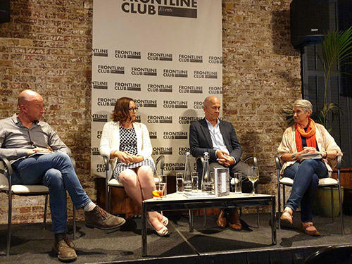 Left to right: CPJ board member Jon Williams moderates a panel on the human cost of journalism with CPJ Advocacy Director Courtney Radsch, journalist and author Peter Greste, and Lindsey Hilsum of Channel 4 News. (Kimberly Birdsall)