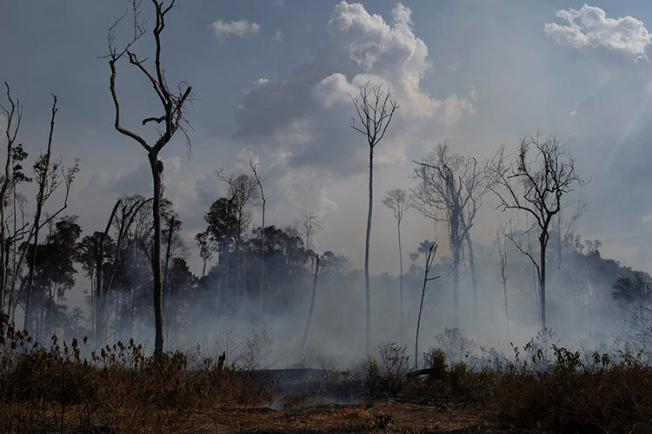 Uma área fumegante na região de Alvorada da Amazônia, em Novo Progresso, Pará, Brasil, em 25 de agosto de 2019. O jornalista brasileiro Adecio Piran foi ameaçado em 28 de agosto após reportar sobre incêndios na região. (Foto AP / Leo Correa)