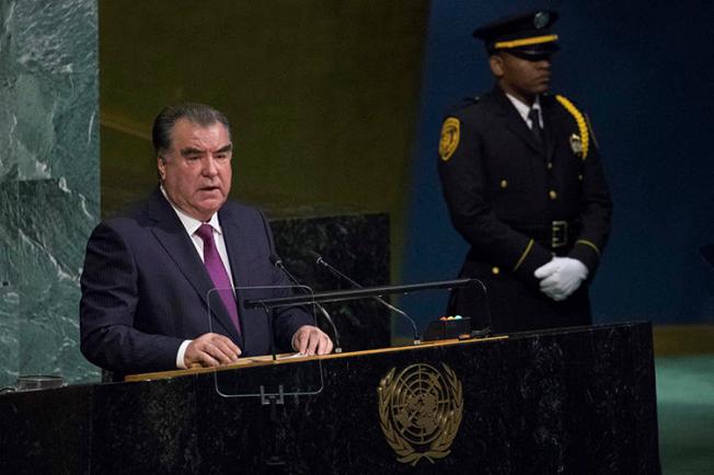 President of Tajikistan Emomali Rahmon speaks during the United Nations General Assembly at U.N. headquarters, on September 19, 2017. The independent Tajik news agency Asia Plus has been offline since August 19, 2019. (AP Photo/Mary Altaffer)