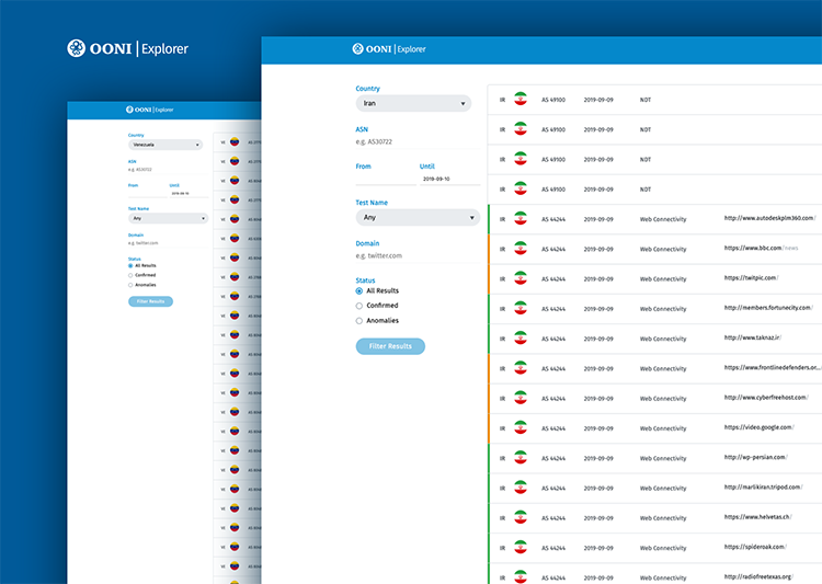 Screen shots showing network measurements from Iran and Venezuala. (OONI Explorer)