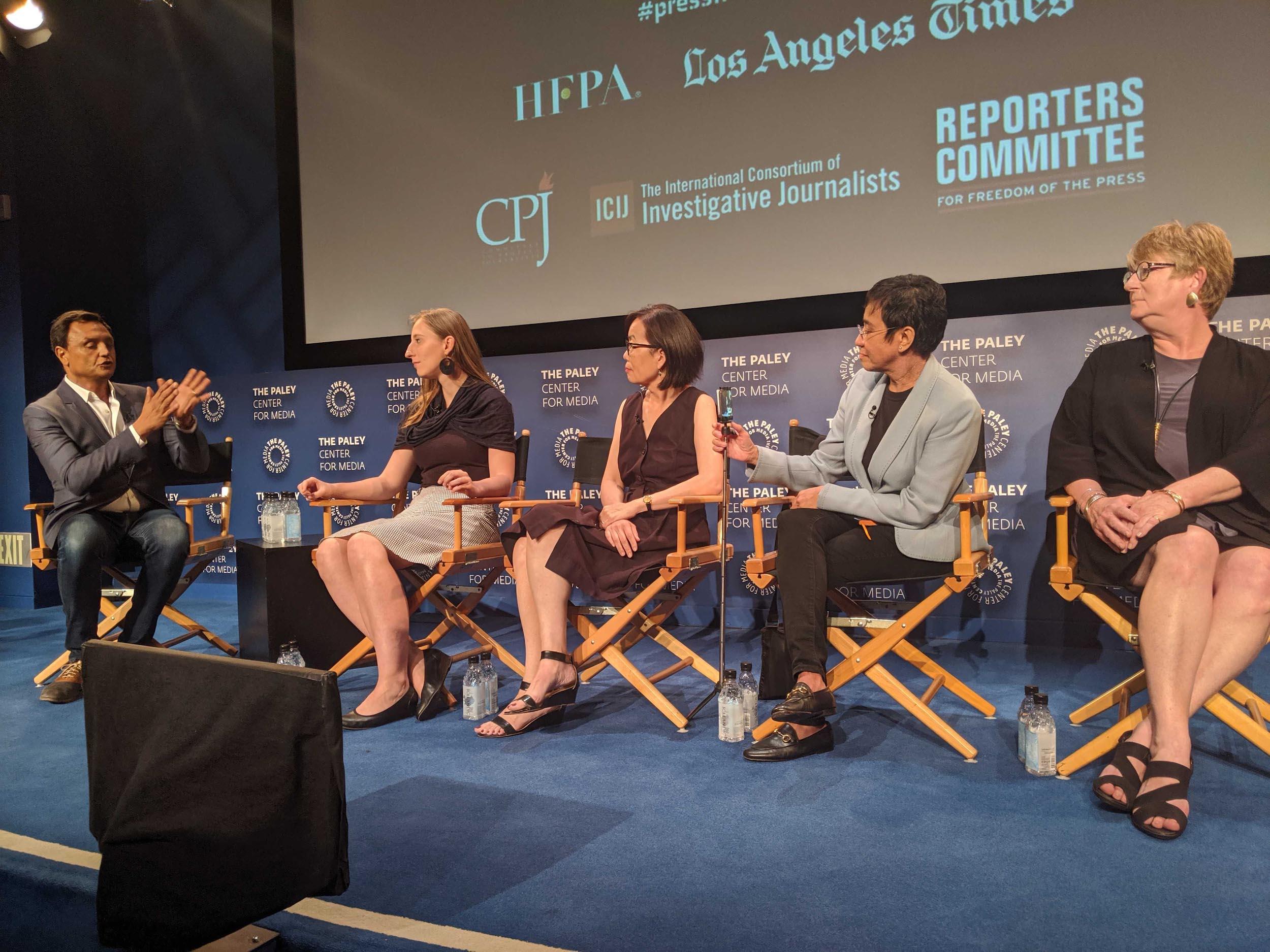 Ramzy Malouki, Blanka Zöldi, Terry Tang, Maria Ressa, and CPJ Board Director Kathleen Carroll speak about the challenges of covering elections. (CPJ)