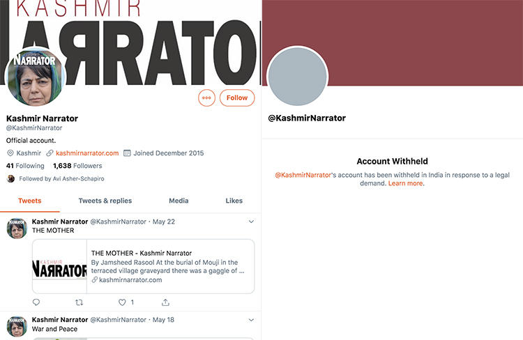 Two screenshots taken October 5, 2019 show how Kashmir Narrator magazine’s Twitter account appears outside India (left) alongside the notification Twitter displays in India saying the same account has been withheld (CPJ)