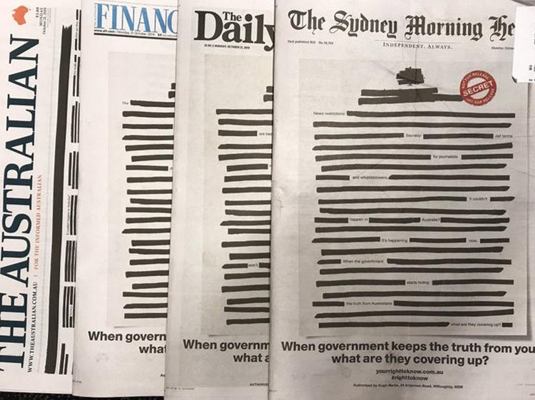 Tens of Australian newspapers blacked out their front pages on Monday, October 21, 2019, to protest against secrecy laws. (Andy Park/Australian Broadcasting Corporation)