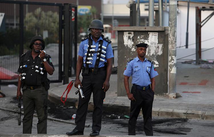 Police officers are seen near Lagos, Nigeria, on September 3, 2019. Journalists in Kogi and Bayelsa states reported being harassed and threatened during recent elections. (Reuters/Temilade Adelaja)