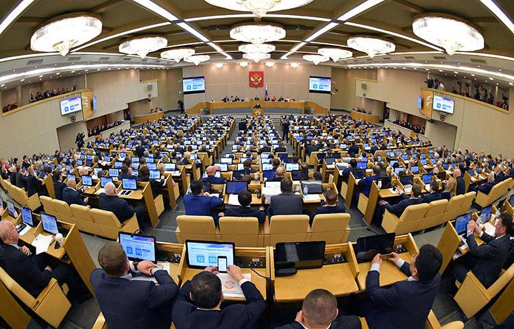 Russia's lower house of parliament, the State Duma, is seen in Moscow on April 17, 2019. The State Duma recently passed legislation that would add individual journalists and bloggers to the country’s list of “foreign agents.” (Reuters/Sputnik/Alexander Astafyev)