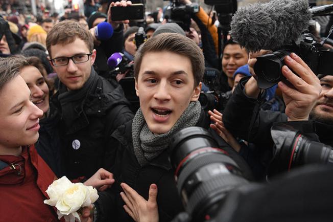 Russian blogger Yegor Zhukov is seen in Moscow on December 6, 2019. That day, a Moscow court sentenced him to a three-year suspended sentence on charges of “inciting extremism directed against the Russian state." (AFP/Kirill Kudryavtsev)