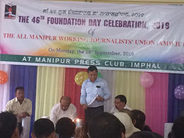 Manipur Chief Minister Nongthombam Biren Singh is pictured sitting second from the left, in September 2019, as the Manipur Press Club celebrates its founding. (CPJ/Aliya Iftikhar)