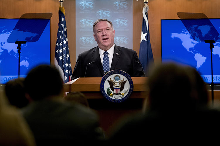 Secretary of State Mike Pompeo speaks at the State Department on February 25, 2020, in Washington, D.C. The department recently labeled five Chinese state media outlets as "foreign missions." (AP/Andrew Harnik)
