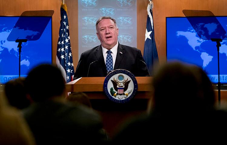 Secretary of State Mike Pompeo speaks at the State Department on February 25, 2020, in Washington, D.C. The department recently labeled five Chinese state media outlets as "foreign missions." (AP/Andrew Harnik)