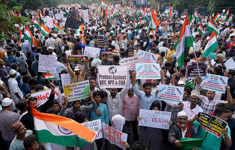 Demonstrators protest against a new citizenship law in Hyderabad, India, on January 4, 2020. Hyderabad police recently arrested journalist Mohammed Mubashiruddin Khurram while he was covering protests there. (Reuters/Vinod Babu)
