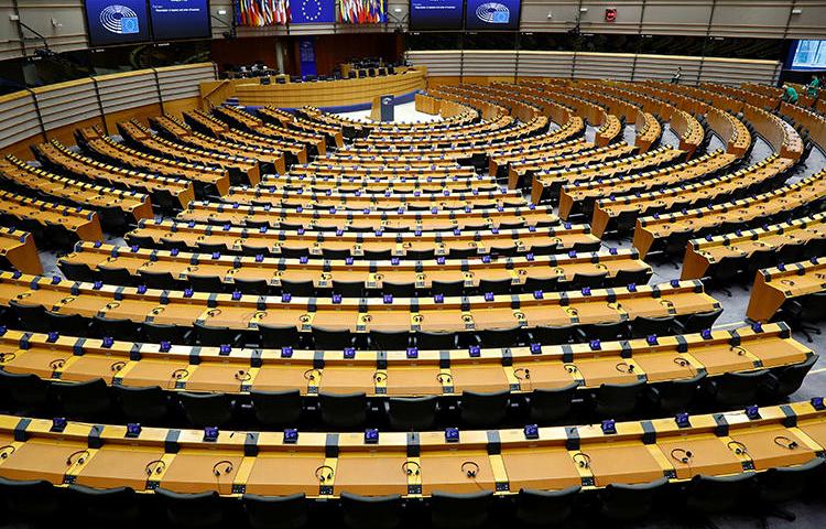 A general view of the hemicycle shown ahead of a plenary session of the European Parliament in Brussels, Belgium on March 9, 2020. The parliament is drafting legislation on terrorist content online that could affect journalists reporting the news. (Reuters/Francois Lenoir)