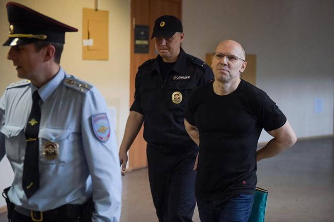 Journalist Igor Rudnikov is seen in Saint Petersburg, Russia, on June 17, 2019. Rudnikov was released from prison last year, but has faced opposition from local Kaliningrad officials and is struggling to continue publishing his paper. (AFP/Olga Maltseva)