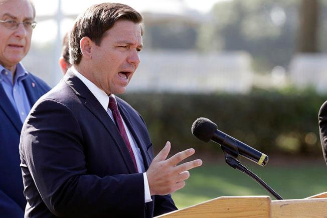 Florida Governor Ron DeSantis is seen in The Villages, Florida, on March 23, 2020. Authorities at the Florida State Capitol recently barred journalist Mary Ellen Klas from attending a news briefing by DeSantis. (AP/John Raoux)