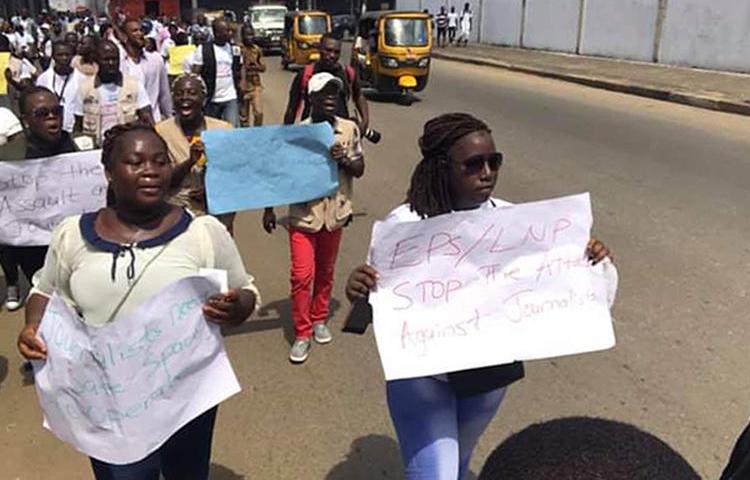 Liberian journalists protest against authorities' alleged brutality against their colleagues in Monrovia, Liberia, on March 12, 2020. (FrontPage Africa/Alline Dunbar)
