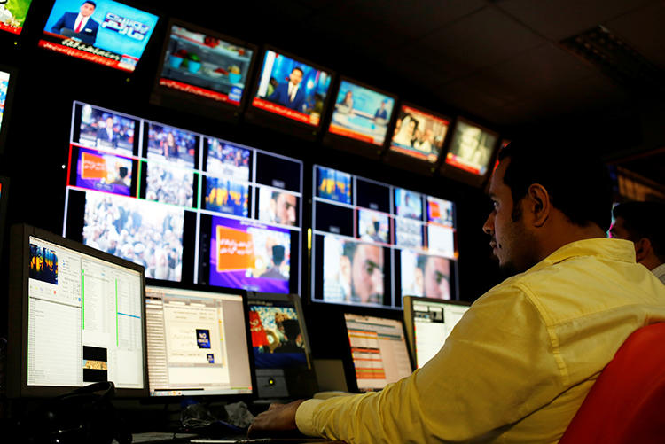 The Geo News office is seen in Karachi, Pakistan, on April 11, 2018. Pakistan's media regulator recently restricted the broadcaster's accessibility on cable providers throughout the country. (Reuters/Akhtar Soomro)