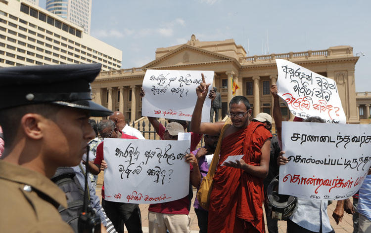 People protest Sri Lankan President Gotabaya Rajapaksa outside his office in Colombo, Sri Lanka, on February 11, 2020, demanding investigations into disappearances during the civil war. Journalists are wary of the Rajapaksa brothers' return to power. (AP/Eranga Jayawardena)