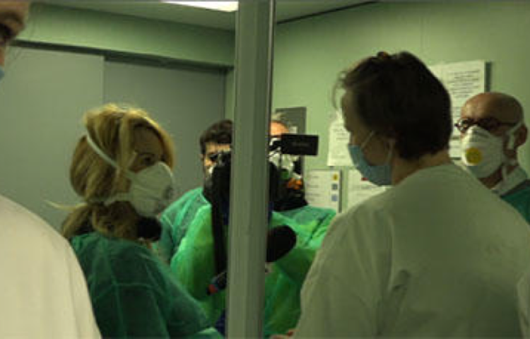 Stefania Battistini and her crew from Italian public broadcaster RAI report on the coronavirus outbreak in Lombardy, northern Italy. (Photo courtesy of Stefania Battistini)