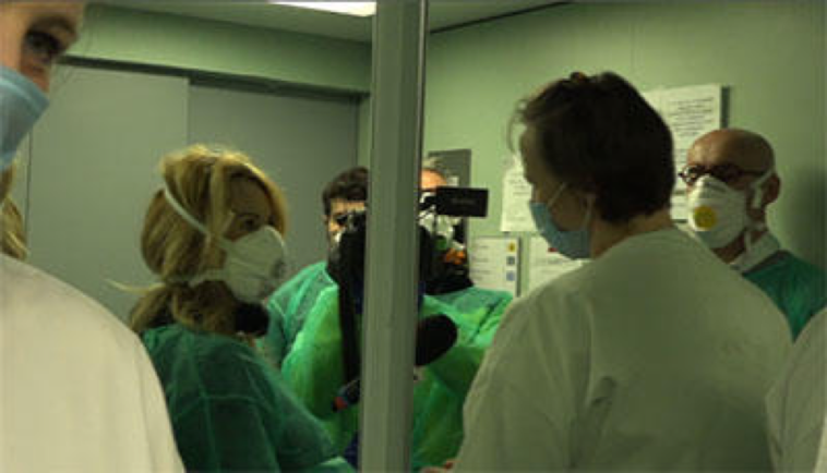 Stefania Battistini and her crew from Italian public broadcaster RAI report on the coronavirus outbreak in Lombardy, northern Italy. (Photo courtesy of Stefania Battistini)