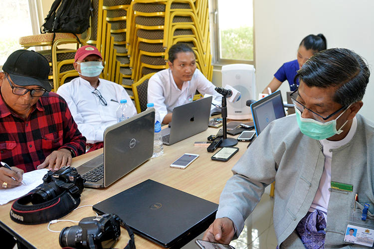 Journalists are seen in Naypyidaw, Myanmar, on March 13, 2020. The Myanmar government recently ordered dozens of news websites to be blocked. (AFP/Thet Aung)