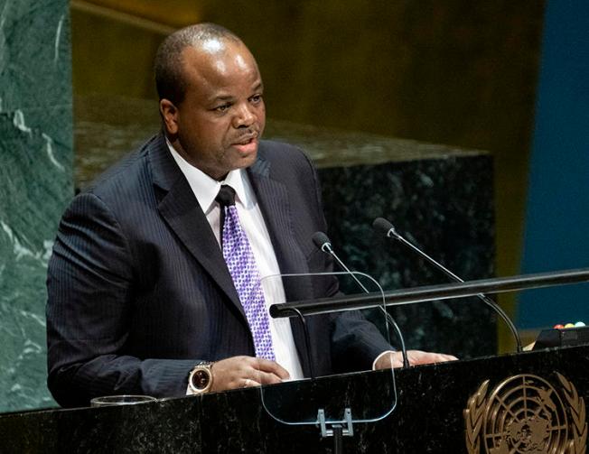 Swazi King Mswati III addresses the United Nations General Assembly in New York on September 25, 2019. Swazi authorities recently detained and harassed journalists writing about the king. (AP/Craig Ruttle)