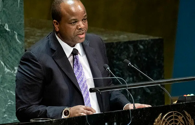 Swazi King Mswati III addresses the United Nations General Assembly in New York on September 25, 2019. Swazi authorities recently detained and harassed journalists writing about the king. (AP/Craig Ruttle)