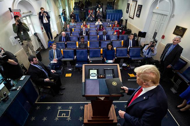 President Donald Trump is seen in the James Brady Press Briefing Room of the White House on April 8, 2020, in Washington. The White House recently accused the Voice of America broadcaster of promoting "foreign propaganda." (AP/Alex Brandon)