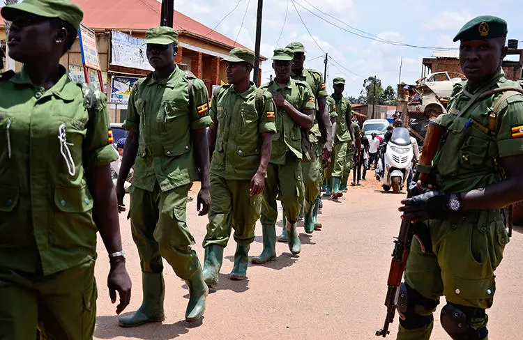 Security forces are seen in Kampala, Uganda, on April 4, 2020. Security forces throughout the country recently attacked and harassed journalists covering the COVID-19 pandemic. (Reuters/Abubaker Lubowa)