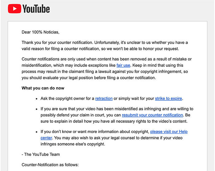 A screen shot of a notice received from YouTube by independent Nicaraguan news outlet 100% Noticias, after the outlet contested a copyright claim filed against it by a media outlet owned by the family of President Daniel Ortega. (100% Noticias)