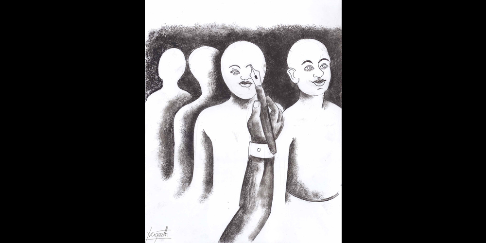 eyes being drawn on blank faces in this image titled “Providing your eyesight is the media’s sacred duty.” The cartoonist, who received threats for his work, disappeared in 2010 on his way home from work.