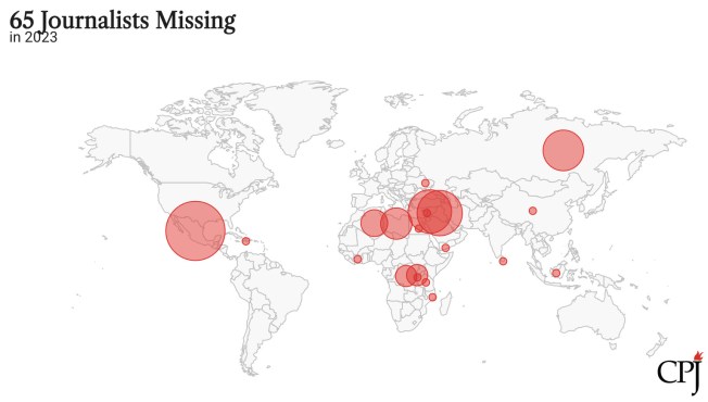 65 journalists are missing globally as of August 2023. This map shows the location where each of these missing journalists was last seen. See the most updated data in CPJ’s database.