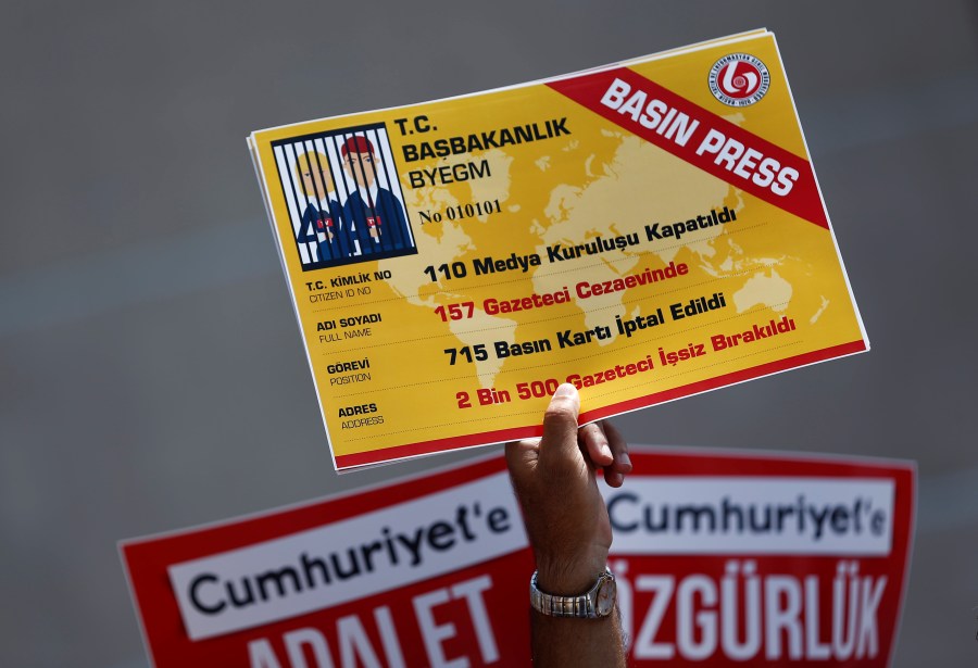 A raised hand holds a large ID card showing journalists in jail in place of a photo.