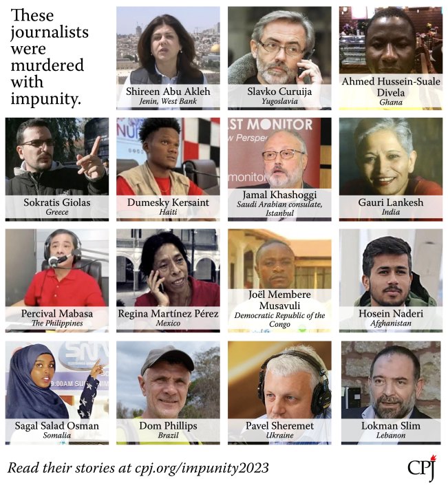 This mosaic shows the faces of slain journalists around the world.