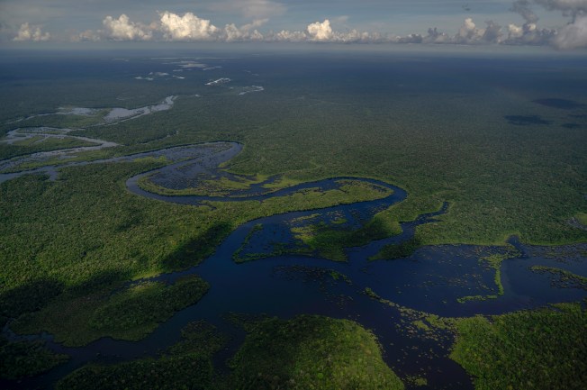 Aerial view of the Amazon rainforest taken from a plane flying from the city of Manicore to Manaus, Amazonas State, Brazil, on June 10.