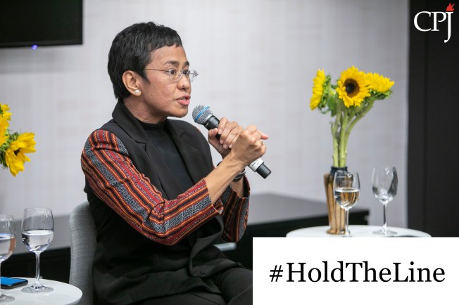 Filipino American investigative journalist and Rappler founder Maria Ressa speaks at an event at CPJ headquarters, the John S. and James L. Knight Foundation Press Freedom Center, in New York on September 21, 2022. (CPJ)