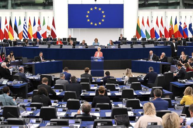 European Commission President Ursula von der Leyen delivers a speech at the European Parliament in Strasbourg, France, on October 5, 2022. 
