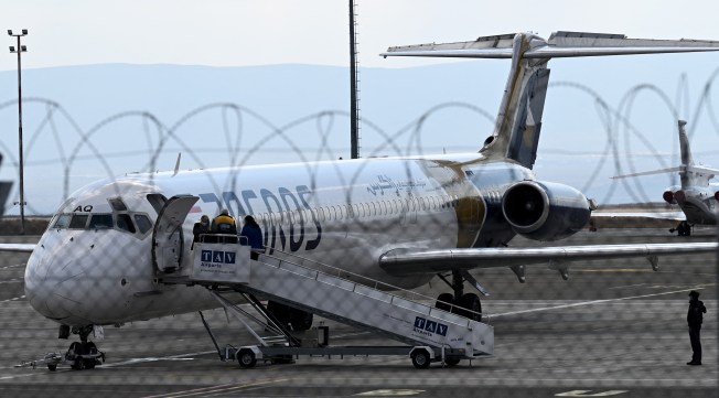 An airplane is seen at an airport in Tbilisi, Georgia, on March 7, 2022.
