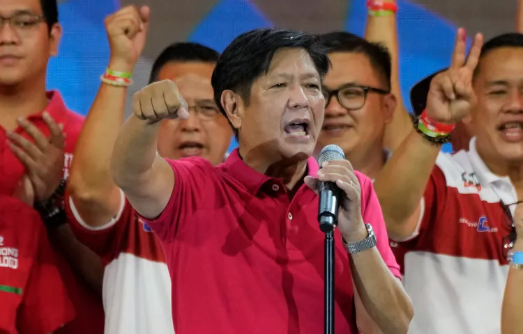 Ferdinand Marcos Jr., shown here at a campaign rally in Quezon City, Philippines, on April 13, 2022, has not displayed overt antagonism toward the media since winning the presidency in May 2022. However, local journalists say he has not yet taken substantive actions to undo the damage wrought to press freedom under the Duterte administration. (AP Photo/Aaron Favila)