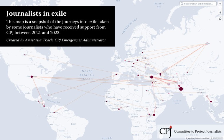 This map is a snapshot of journeys into exile taken by some journalists CPJ helped between 2021 and 2023. (Data and map by CPJ Emergencies Administrator Anastasia Tkach)