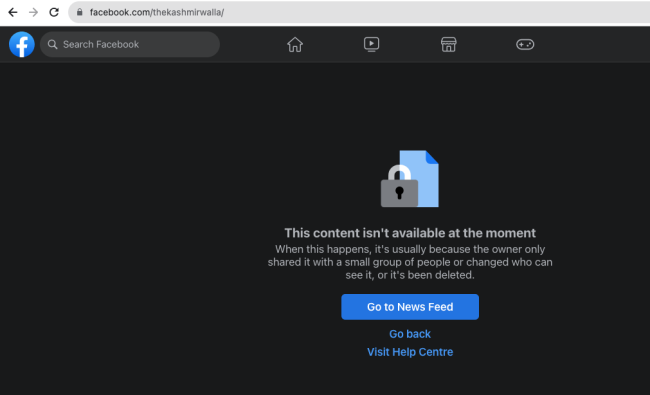 A screenshot of The Kashmir Walla's Facebook page on August 21, 2023, shows a black screen with the words, "This content isn't available at the moment."