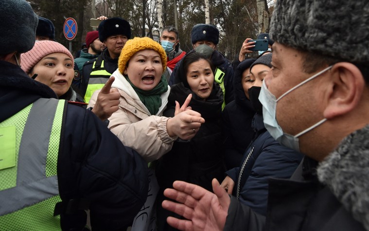 People take part in a rally calling for media freedom and the release of journalist Bolot Temirov, who was detained the night before, in Kyrgyzstan's capital, Bishkek, on January 23, 2022.