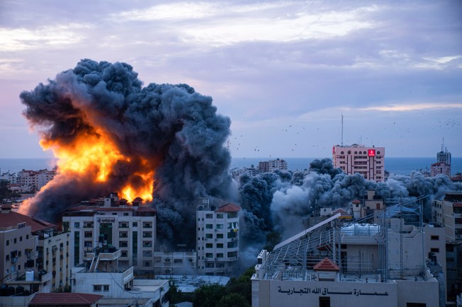 Fire and smoke rise in Gaza City following an Israeli airstrike on October 7, 2023. (AP Photo/Fatima Shbair)