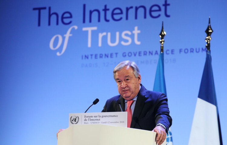 U.N. Secretary-General Antonio Guterres delivers a speech during the Internet Governance Forum in Paris, France, on November 12, 2018.