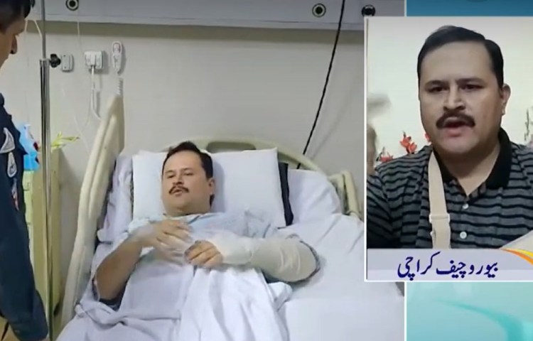 Shoaib Burni, Suno News bureau chief in Karachi, talking to a police officer in a hospital (left) and on the Suno Pakistan show following a shooting incident on January 14, 2024.