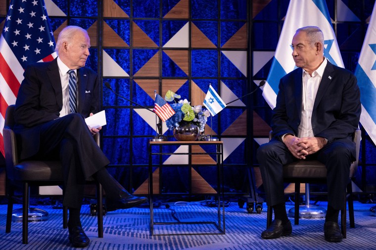 U.S. President Joe Biden meets with Israel's Prime Minister Benjamin Netanyahu in Tel Aviv on October 18, 2023. The two are set to meet again on July 23, 2024 in Washington, D.C., and CPJ and other rights groups are urging the President and other lawmakers to push Netanyahu to improve press freedom and address rights abuses against journalists. (Photo: AFP/Brendan Smialowski)